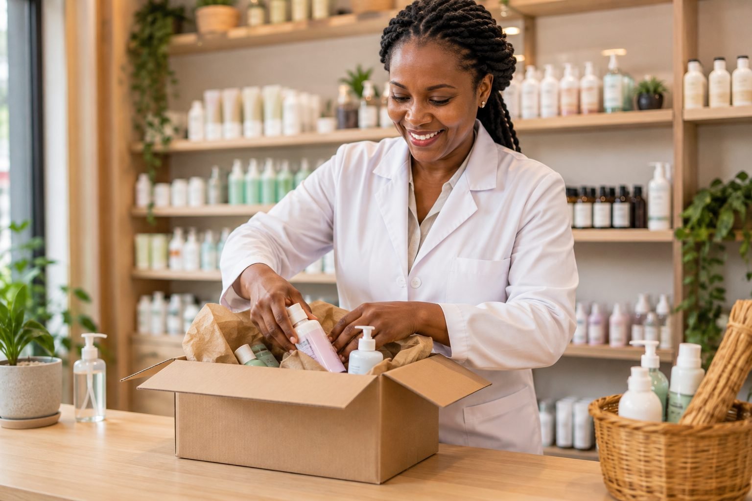 Pharmacienne préparant avec soin un colis de produits parapharmacie