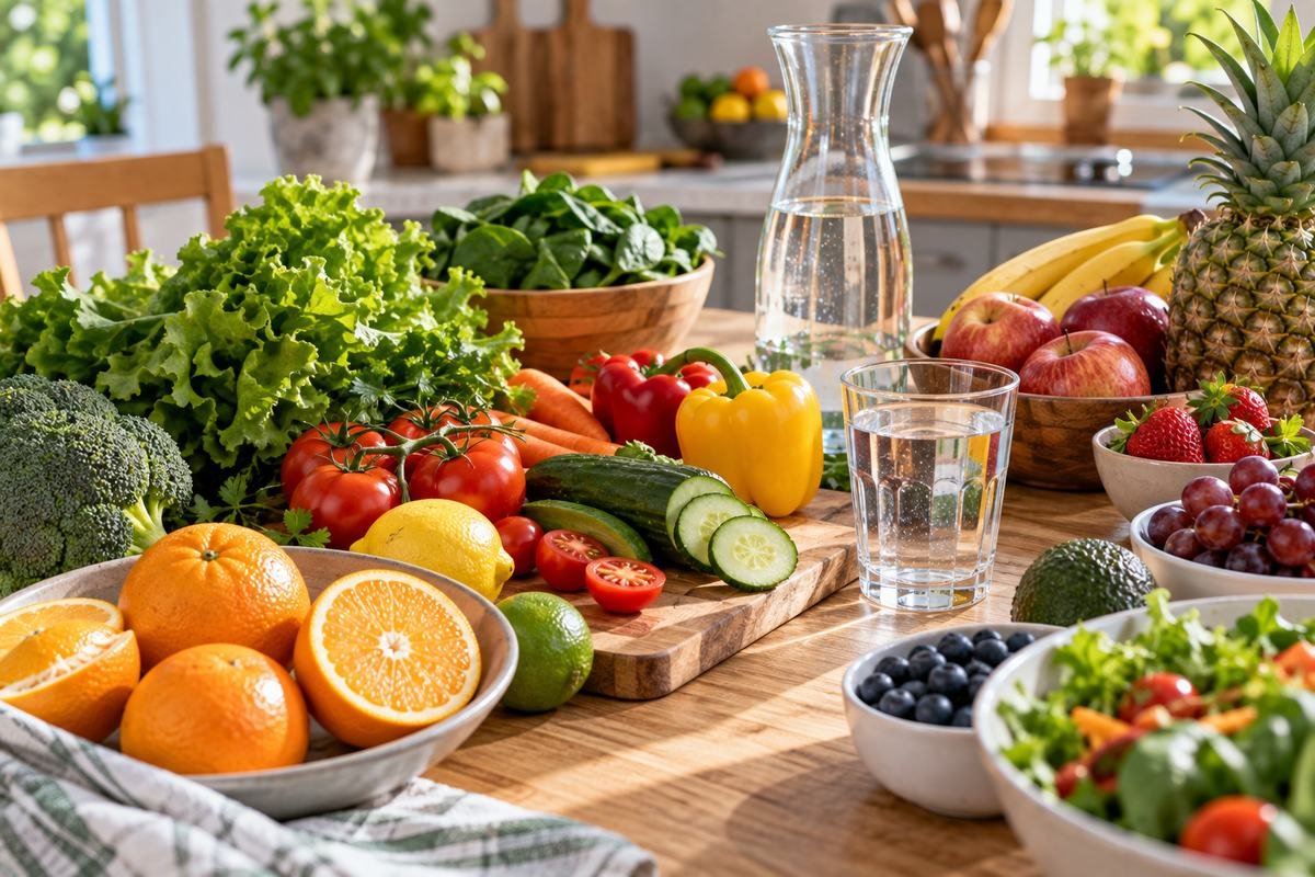 Alimentation équilibrée et hydratation pour soutenir l'organisme au quotidien : fruits, légumes variés et carafe d'eau