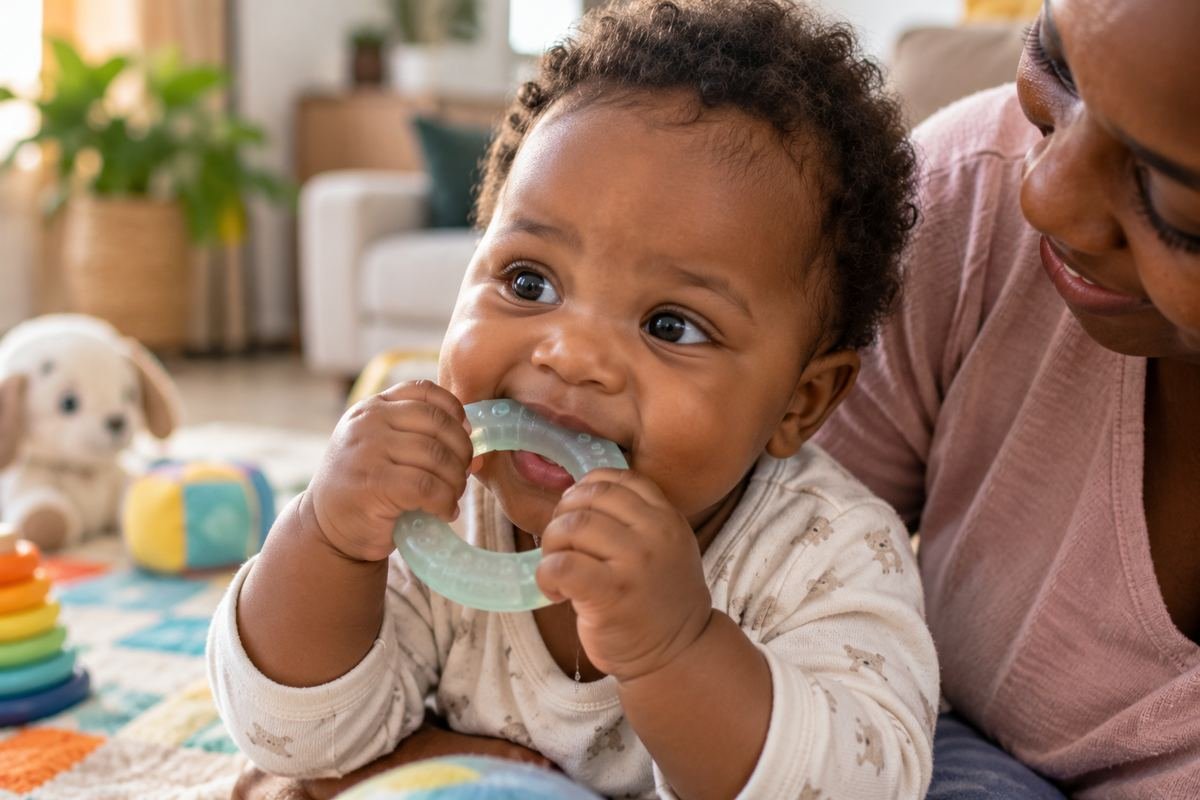 Bébé mordillant un anneau de dentition réfrigéré pour soulager la poussée dentaire