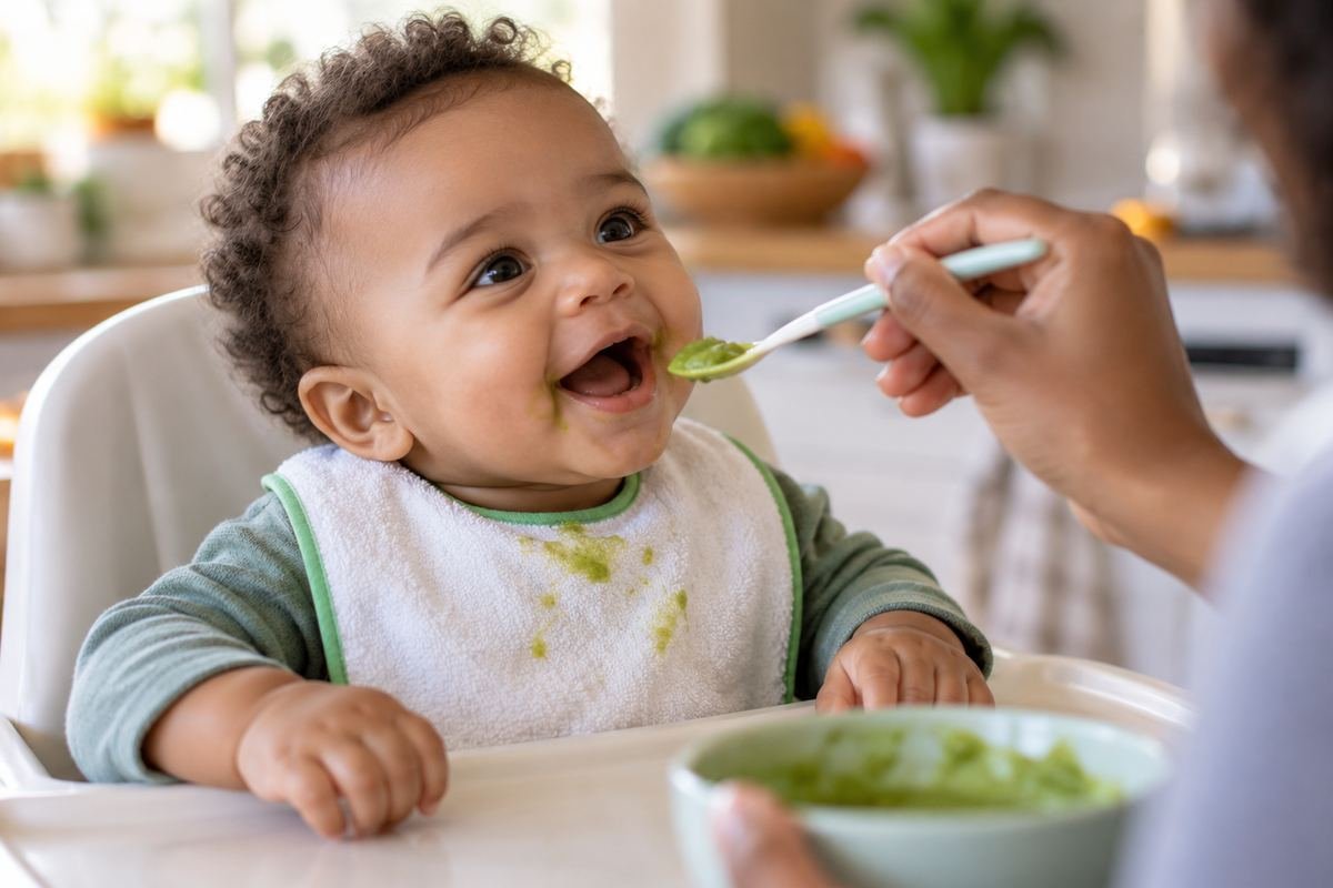 Bébé souriant découvrant une cuillère de purée de légumes verts, tenue par un parent