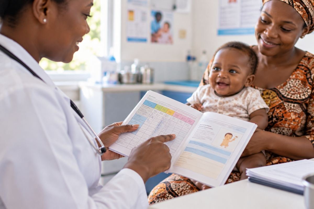 Agent de santé souriant montrant un carnet de vaccination à une mère tenant son bébé