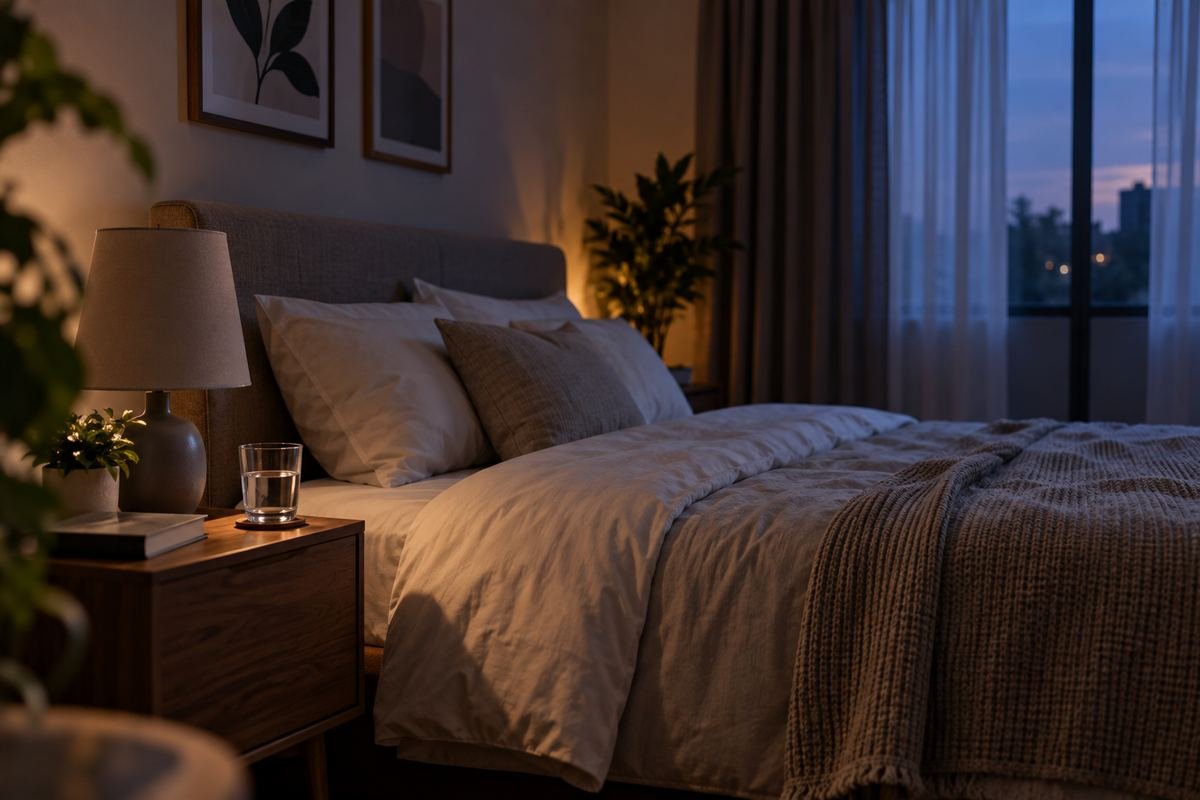 Chambre à coucher tamisée et chaleureuse, lit fait et lampe de chevet allumée, propice à un sommeil réparateur