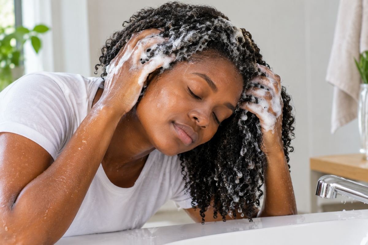 Femme aux cheveux crépus se lavant les cheveux, mousse de shampoing sur les mains, au-dessus d'un lavabo