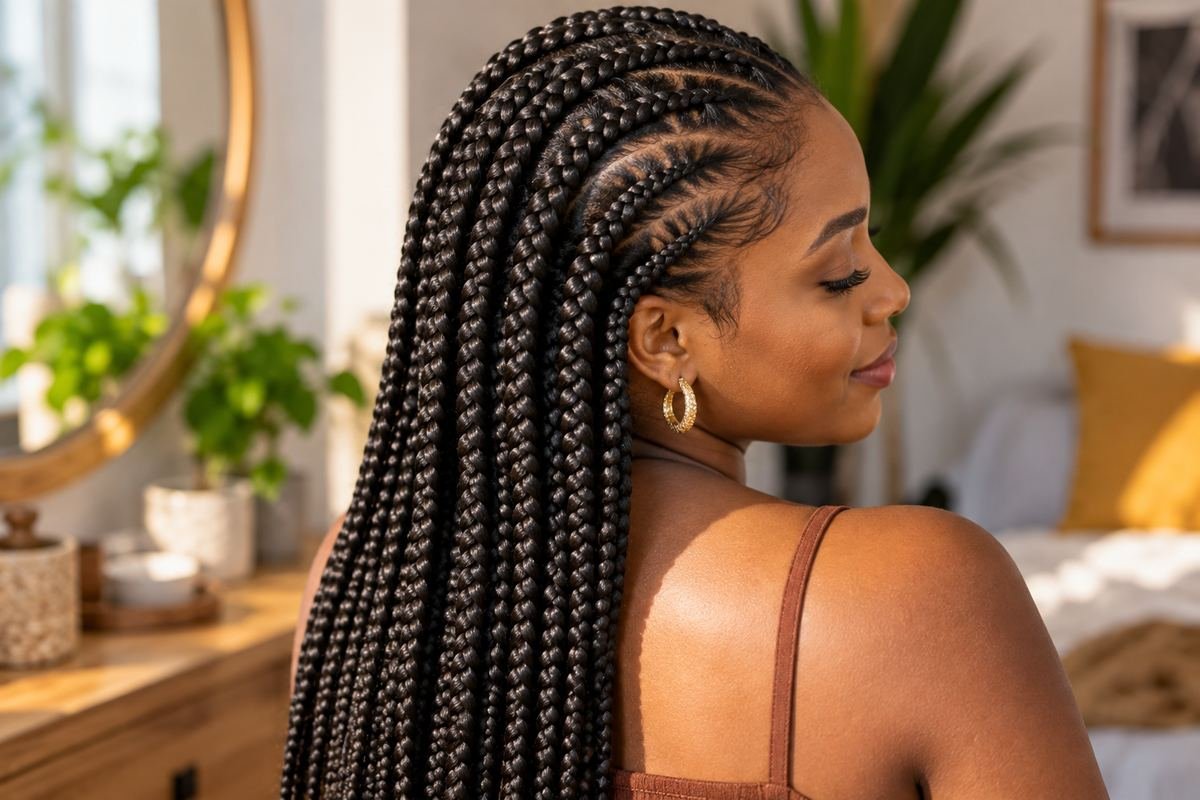 Femme de profil avec des tresses collées soignées, bijoux dorés, dans un intérieur lumineux