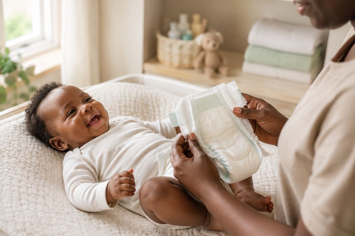 Parent tenant une couche propre à côté d'un bébé souriant allongé sur une table à langer, avant de procéder au change
