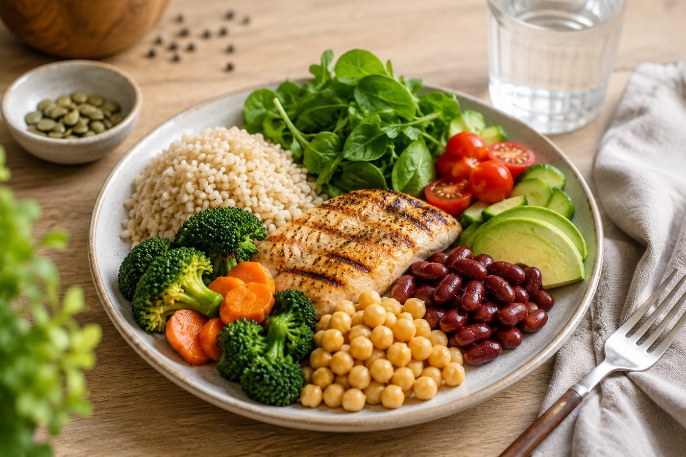 Assiette équilibrée composée de légumes, légumineuses, céréales complètes et protéines maigres