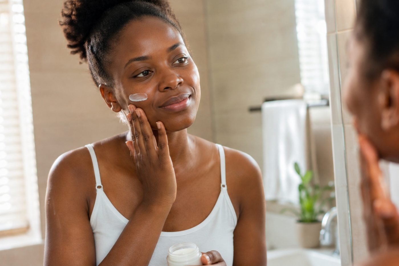 Femme appliquant une crème de soin sur son visage devant un miroir, routine quotidienne douce
