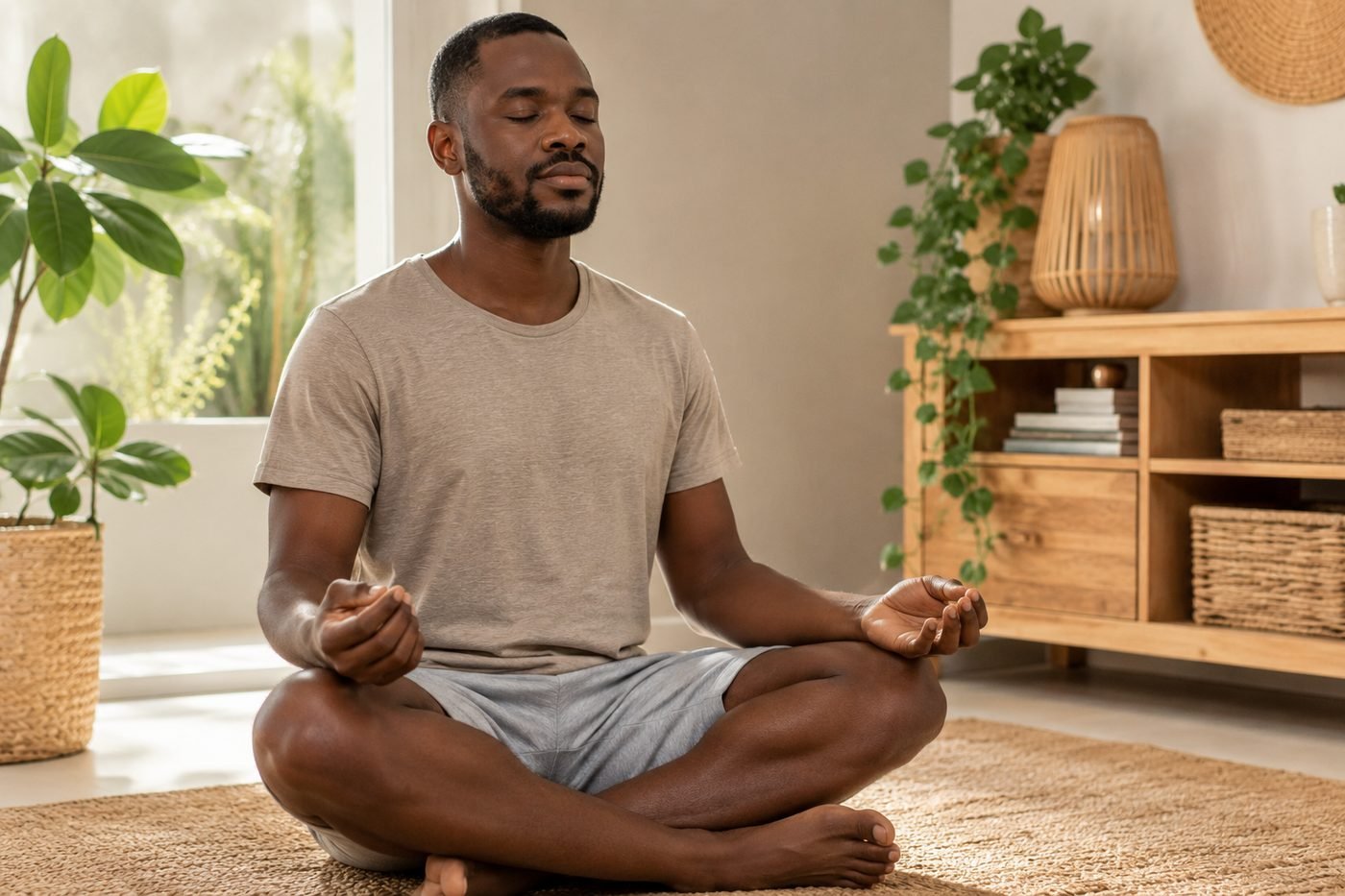 Homme assis en méditation, les yeux fermés, pratiquant un exercice de respiration à domicile