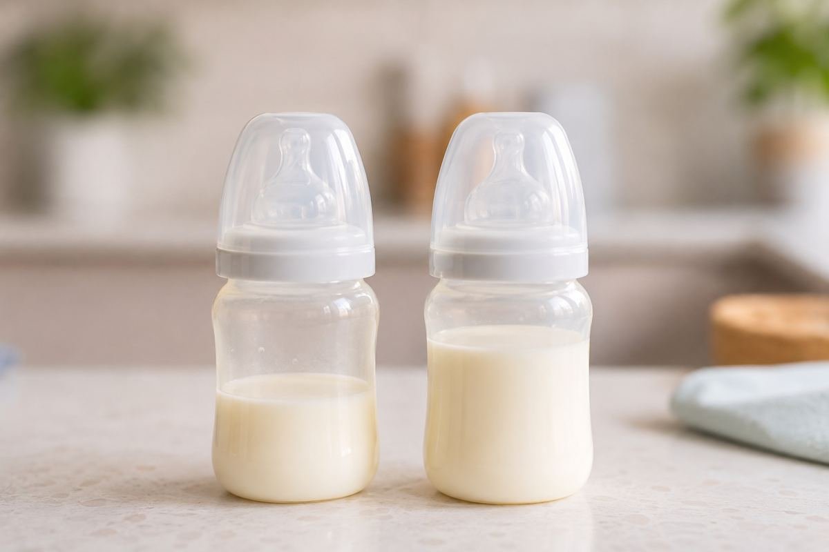 Deux biberons de lait infantile posés côte à côte sur un plan de travail, sans marque visible