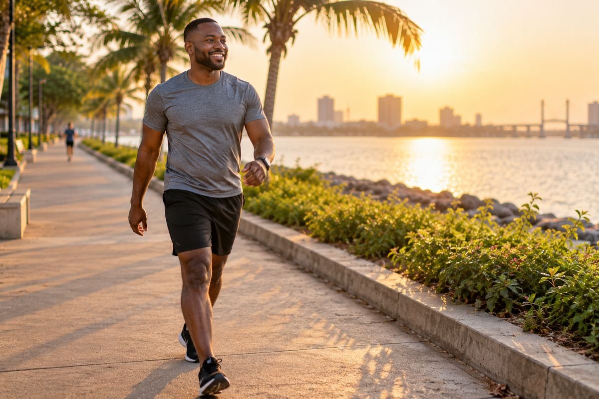 Homme souriant marchant d'un bon pas au bord de l'eau au lever du soleil