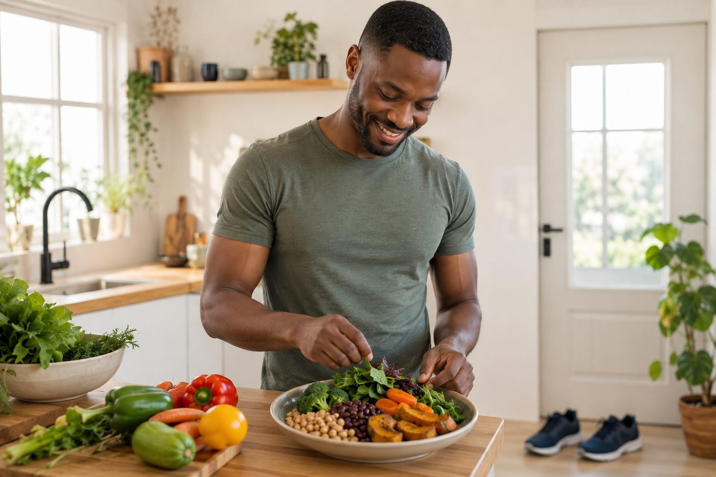Homme souriant préparant une assiette de légumes frais et de légumineuses dans sa cuisine