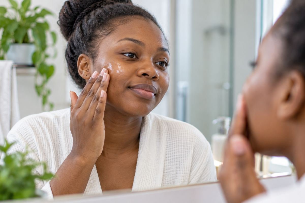 Femme souriante appliquant un soin sur son visage devant un miroir, dans le cadre d'une routine douce contre les imperfections cutanées