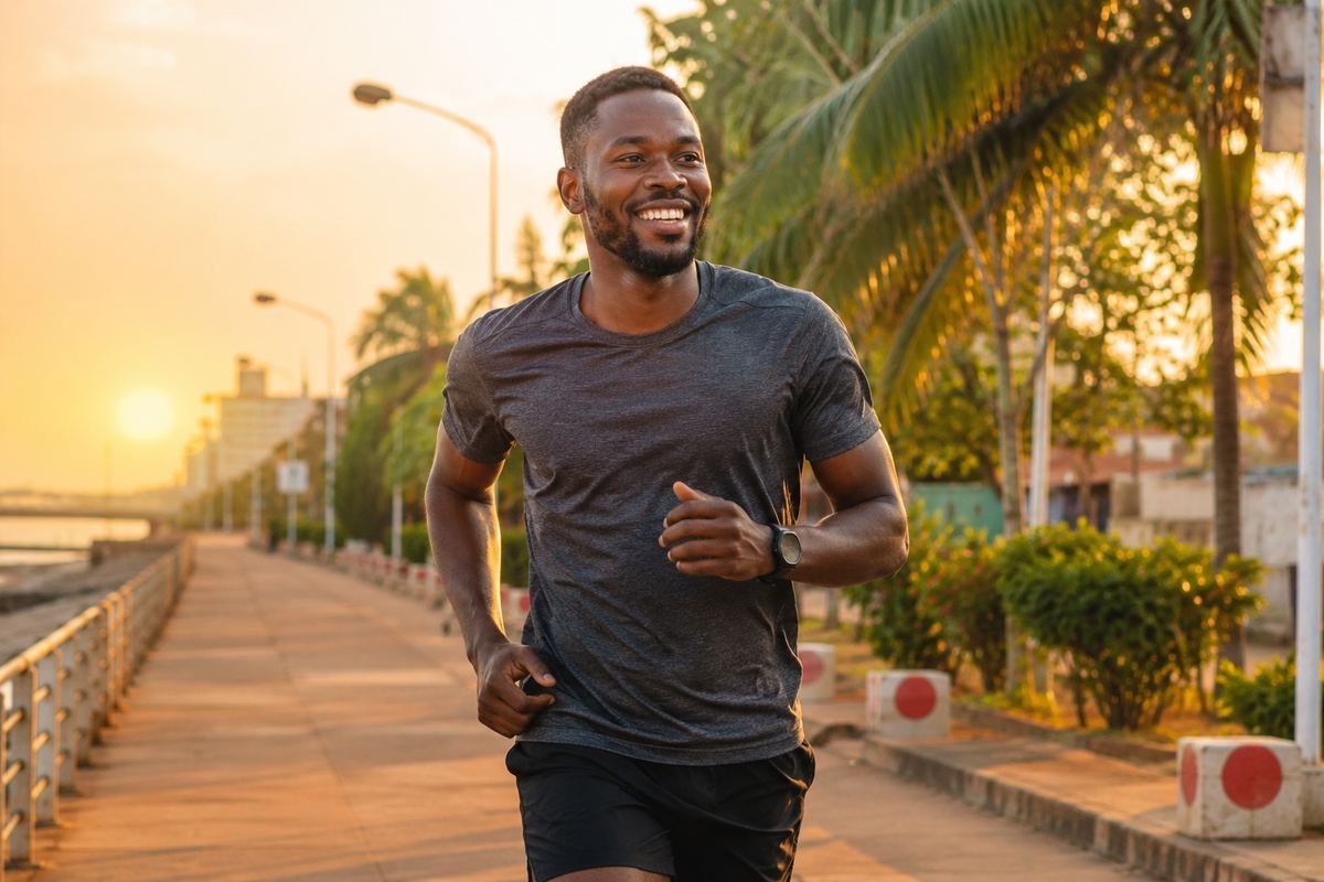 Homme souriant faisant son jogging au coucher du soleil le long d'une promenade bordée de palmiers