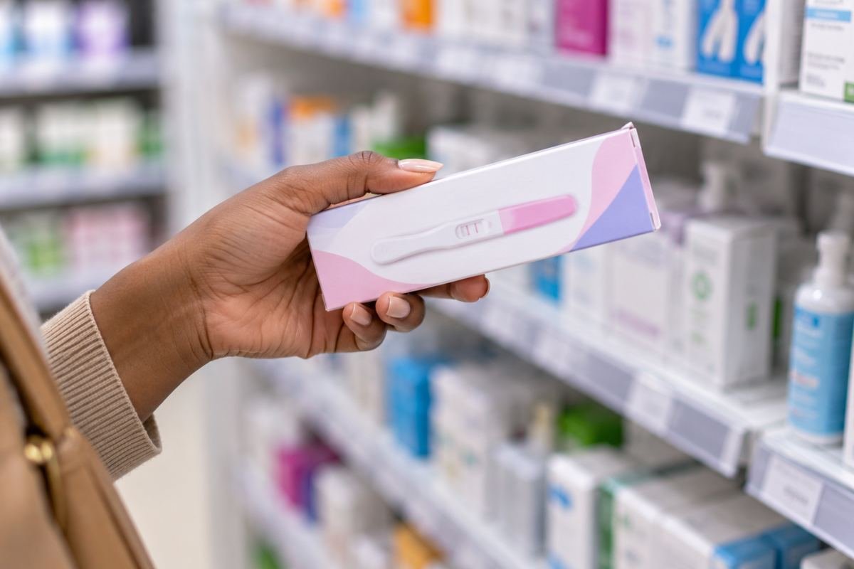 Main tenant une boîte de test de grossesse devant un rayon de pharmacie