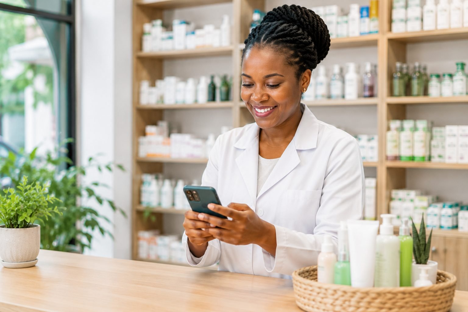 Pharmacienne répondant à un message WhatsApp pour la Parapharmacie de l'Étoile
