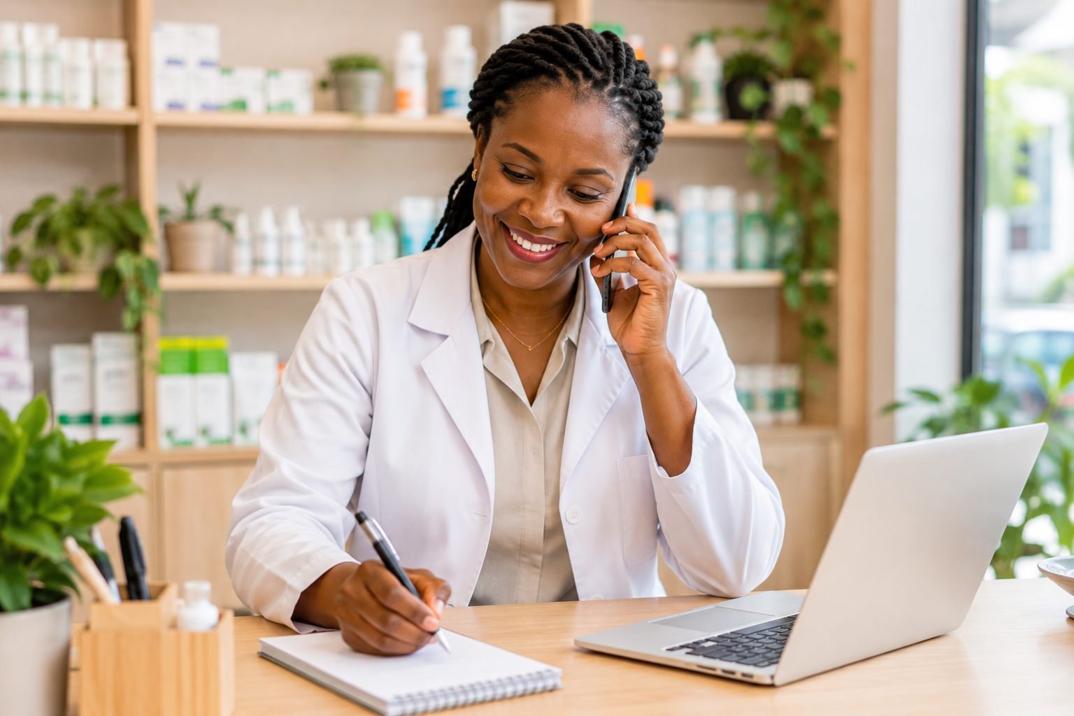 Pharmacienne conseillant un client par téléphone pour la Parapharmacie de l'Étoile
